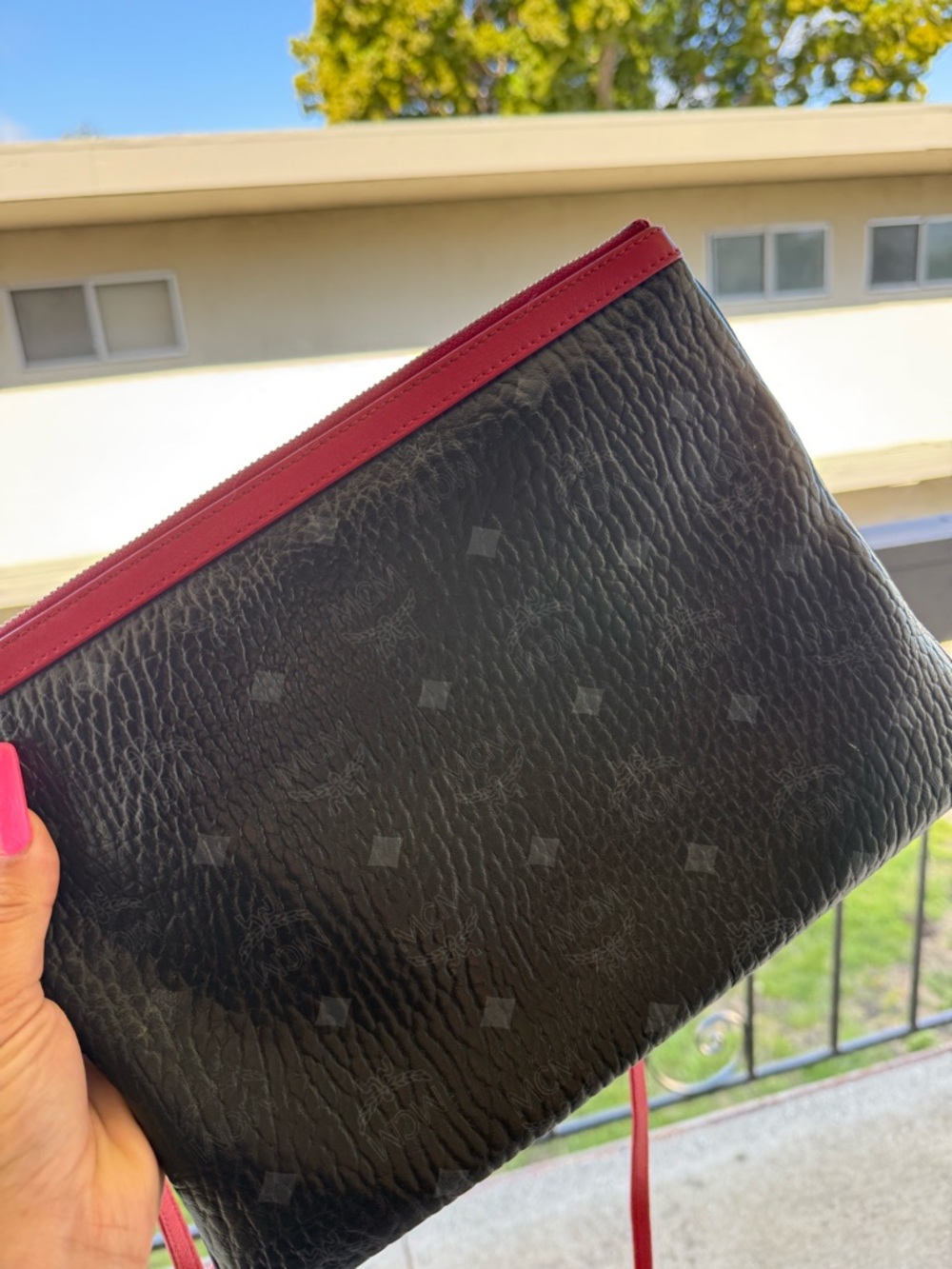 MCM Red and Black Leather Zip Pouch